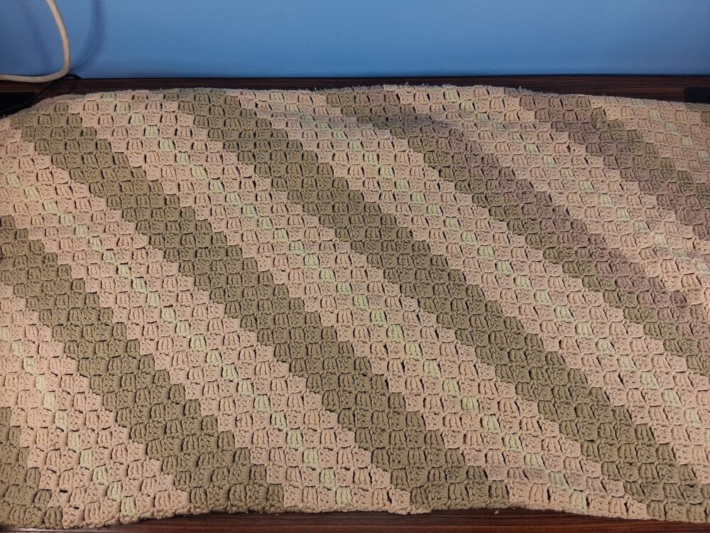 Handmade Crocheted Blanket Diagonal Design Tri Color Muted Colors